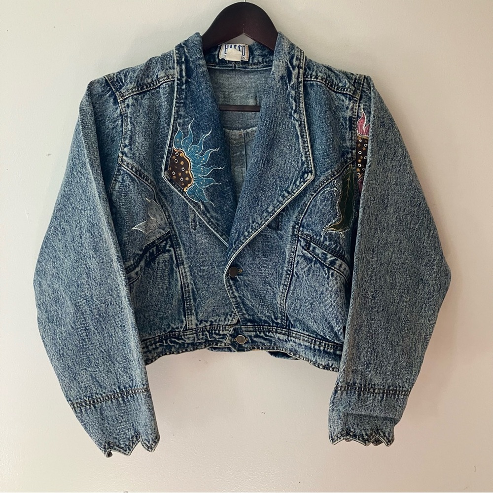 Vintage Acid Wash Denim Jacket Hand Painted Floral Cropped Boho Western Size M/L